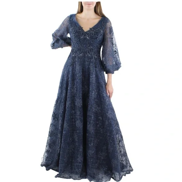 NWT MAC DUGGAL EMBELLISHED PLUNGE NECK PUFF SLEEVE A LINE GOWN 20283 - Picture 4 of 16